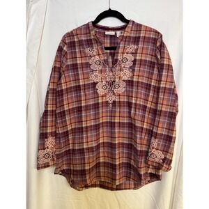 Logo Lori Goldstein Flannel Shirt Womens 8 Popover Pink Plaid Boho Southwestern